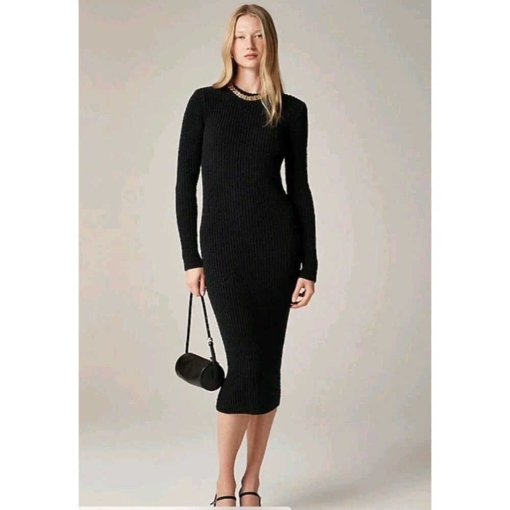 J.Crew Ribbed Sweater Dress Black Midi Long Sleeve Crewneck CI336 Size M NWT